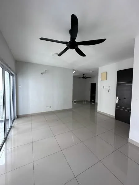Living features: grey tiled flooring, white painted walls, 5-blade ceiling fan in black, floor-to-ceiling sliding glass door, natural light from large window, recessed ceiling lights, wall-mounted intercom, black wooden door, open layout; style: modern.