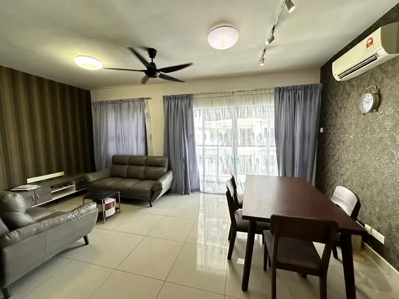 Living features: 3-seater leather sofa in grey, 2-seater leather sofa in grey, wooden dining table, 4 wooden dining chairs, wall-mounted TV, TV console, ceiling fan, recessed downlights, floor-to-ceiling windows, sheer curtains, grey wallpaper with floral pattern, dark wood accent wall, white tiled flooring, air conditioning unit; style: modern.