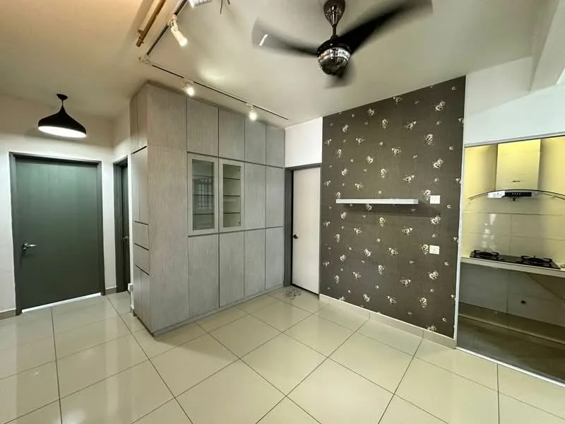 Room features: glossy tile flooring, grey feature wall with floral pattern, light grey cabinetry with glass doors, recessed ceiling lights, ceiling fan, open shelving, doorway leading to kitchen, doorway leading to hallway; style: modern.