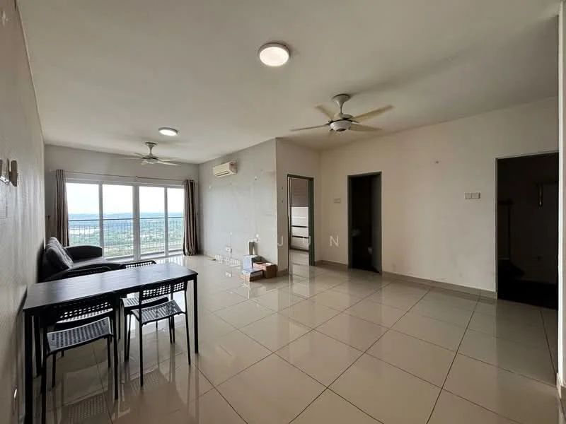 Living features: large floor-to-ceiling windows, grey tiled flooring, white painted walls, 2 ceiling fans, recessed ceiling lights, black 4-seater dining table, black dining chairs, sofa, air conditioning unit, open layout, view of the city, neutral decor; style: modern; view: city.