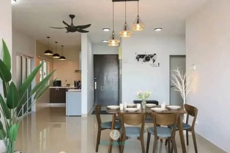 Dining features: 6-seater dining table, wooden dining chairs, pendant lighting with multiple bulbs, white walls, glossy tile flooring, decorative wall art, indoor plants, open layout to living area; style: modern. Kitchen features: kitchen island visible, modern cabinetry, stainless-steel appliances, open-plan layout; style: modern.