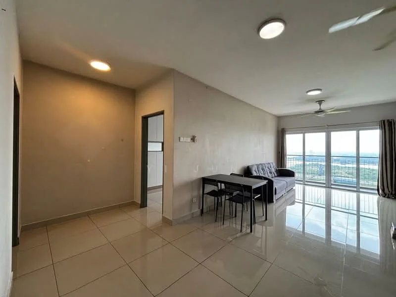 Living features: large floor-to-ceiling windows, grey fabric sofa, 4-seater dining table, black dining chairs, white painted walls, recessed ceiling lights, glossy ceramic tile flooring, balcony access, city view, ceiling fan; style: modern; view: city. Room features: white painted walls, glossy ceramic tile flooring, doorway to adjacent room.
