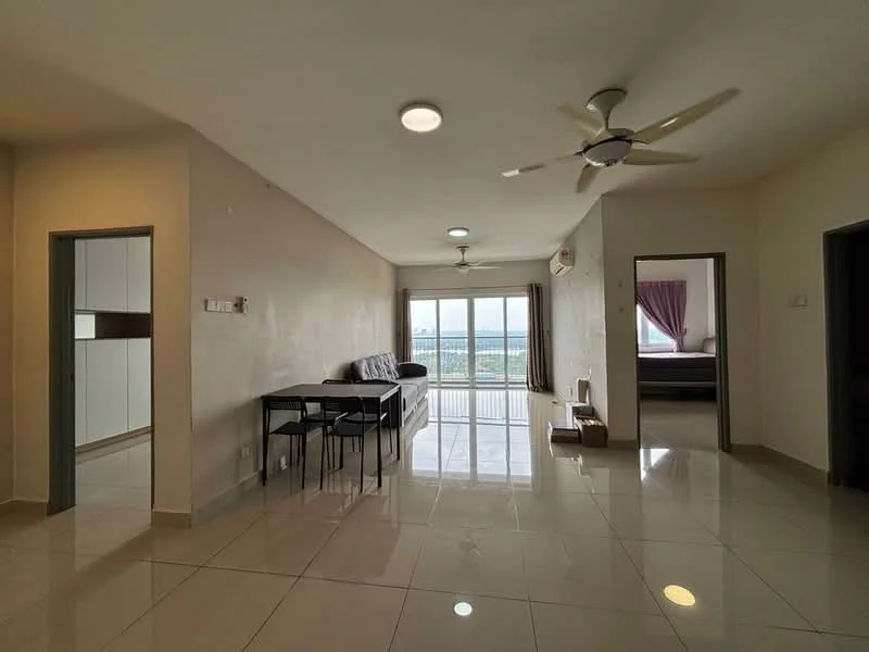 Living features: white painted walls, glossy ceramic tile flooring, 5-blade ceiling fan with light, floor-to-ceiling windows, sliding glass door, sofa, dining table with chairs, air conditioning unit, curtains, view of the sea; style: modern; view: sea. Room features: white painted walls, glossy ceramic tile flooring, doorway to bedroom, doorway to kitchen.