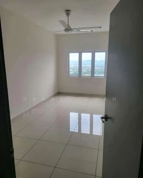 Room features: white painted walls, glossy ceramic tile flooring, 5-blade ceiling fan, floor-to-ceiling windows, city view, natural light, neutral color scheme; style: modern; view: city.