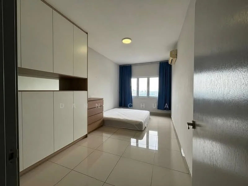 Bedroom features: white painted walls, glossy tile flooring, built-in wardrobe with sliding doors, chest of drawers, queen-size bed, floor-to-ceiling windows, blue curtains, 1 wall-mounted split AC, ceiling light, neutral decor; style: modern; view: city.