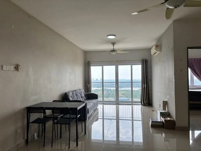 Living features: grey fabric sofa, 4-seater dining table with black chairs, floor-to-ceiling windows, sliding glass door, white painted walls, polished tile flooring, ceiling fan, wall-mounted split AC, curtains, decorative wall light; style: modern; view: city.
