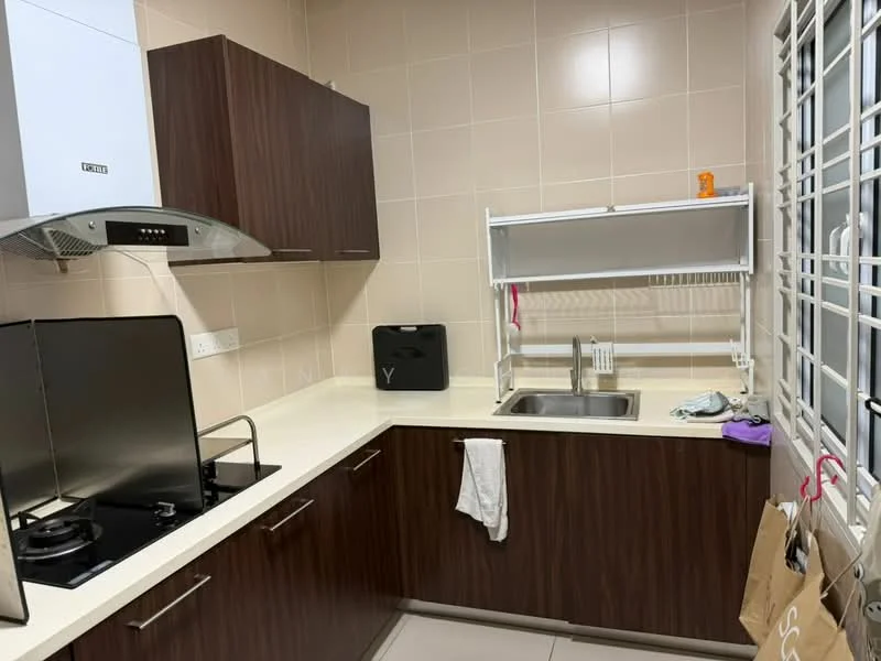 Kitchen features: brown wooden cabinetry, light-colored countertop, stainless-steel sink, chrome pull-down faucet, built-in gas hob, stainless-steel range hood, wall-mounted microwave, tile backsplash, window with metal grille, kitchen rack, white walls, ceramic tile flooring; style: modern.