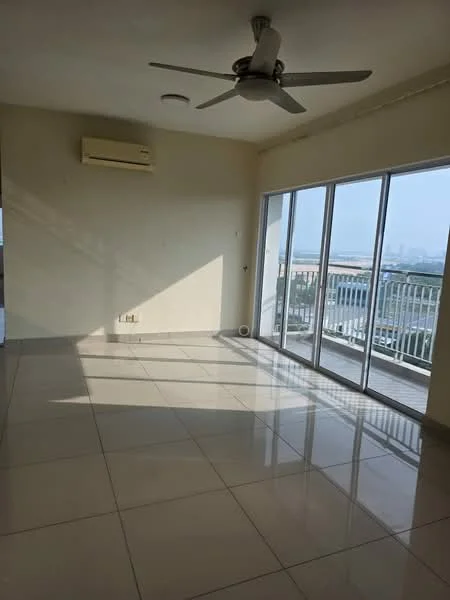 Living features: large floor-to-ceiling windows, sliding glass door, white painted walls, polished ceramic tile flooring, 5-blade ceiling fan, wall-mounted split AC, natural light from windows, open layout, balcony access, city view; style: modern; view: city.