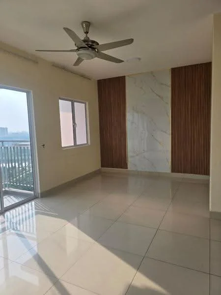 Room features: white painted walls, wood panel accent wall, marble feature wall, glossy ceramic tile flooring, 5-blade ceiling fan, floor-to-ceiling windows, sliding glass door, natural light from windows; style: modern; view: city.