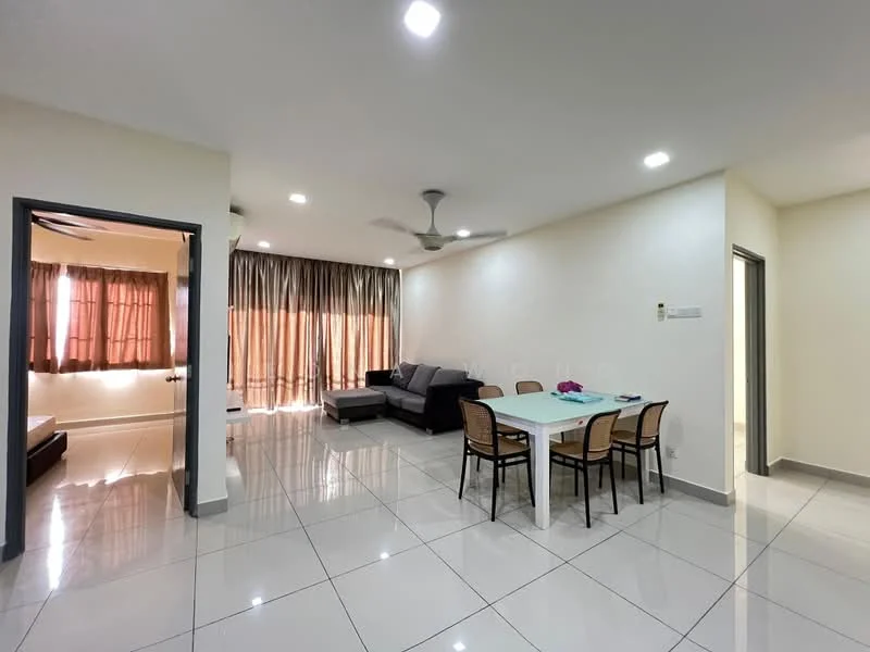 Living features: grey L-shape sectional sofa, 4-seater dining table with chairs, white walls, glossy white tile flooring, ceiling fan, recessed LED downlights, floor-to-ceiling windows with sheer curtains, natural light from windows; style: modern. Room features: white walls, glossy white tile flooring, doorway leading to another room.