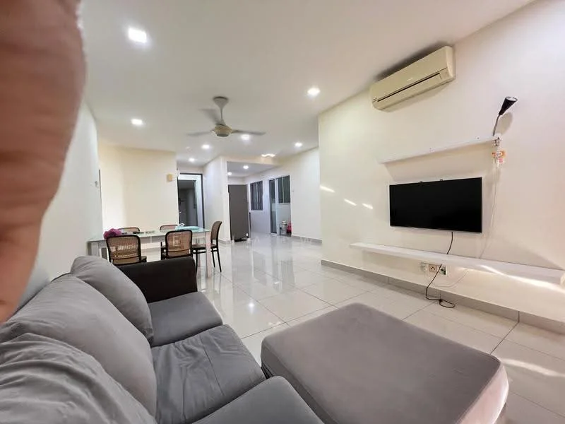 Living features: L-shape sectional sofa in grey, coffee table, wall-mounted TV, ceiling fan, recessed LED downlights, white painted walls, glossy tile flooring, air conditioning unit, open layout to dining area; style: modern. Dining features: 6-seater dining table, wooden dining chairs, white painted walls, glossy tile flooring; style: modern.