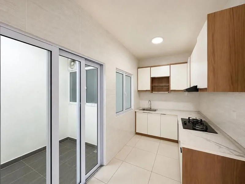 Kitchen features: white cabinets with wood accents, marble countertop, stainless-steel sink, gas hob, tile backsplash, white tiled walls, grey tiled flooring, floor-to-ceiling windows, sliding glass door, open layout, recessed ceiling lights; style: modern.