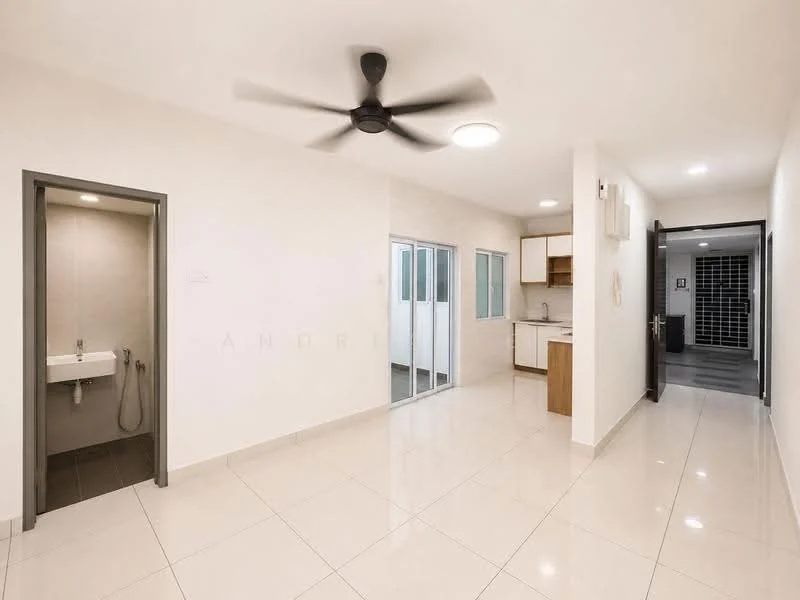 Room features: white painted walls, glossy tile flooring, 5-blade ceiling fan with light, recessed downlights, kitchen area with wooden cabinetry, single-bowl stainless-steel sink, built-in oven, sliding glass door, window with glass panes, bathroom area with wall-mounted faucet, toilet, shower area with handheld shower, air conditioning unit; style: modern.