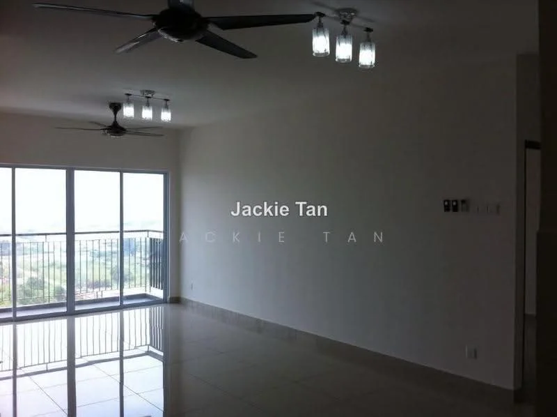 Living features: large floor-to-ceiling windows, sliding glass door, 2 ceiling fans, recessed downlights, white painted walls, glossy ceramic tile flooring, balcony view, open layout; style: modern; view: city.