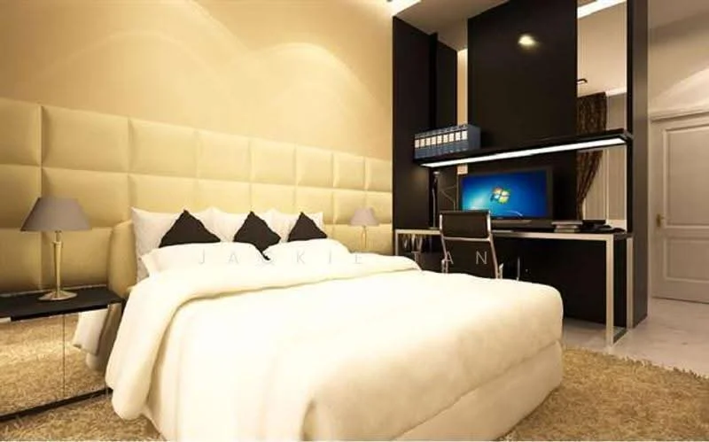 Bedroom features: king-size bed with upholstered headboard, white bedding with decorative throw, black bedside lamps, cream accent wall with paneling, dark wood desk with computer setup, black shelving unit, area rug with shag texture, white walls, curtains with a rich texture, wall-mounted decor, recessed lighting, flooring with a polished finish; style: modern.