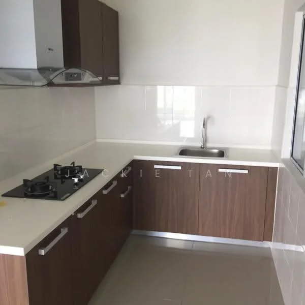 Kitchen features: brown wooden cabinetry, white countertop, stainless-steel single-bowl sink, chrome pull-down faucet, 4-burner gas hob, exhaust hood, white tiled backsplash, grey ceramic tile flooring; style: modern.