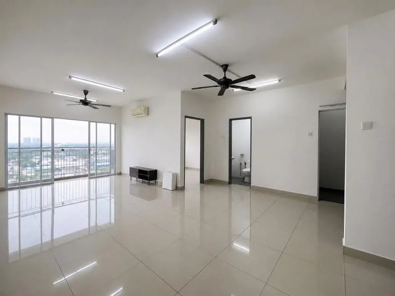Living features: large floor-to-ceiling windows, white painted walls, polished ceramic tile flooring, 2 ceiling fans, air conditioning unit, open layout, neutral color scheme, view of city skyline; style: modern; view: city. Room features: white painted walls, polished ceramic tile flooring, doorway leading to bathroom, doorway leading to another room.