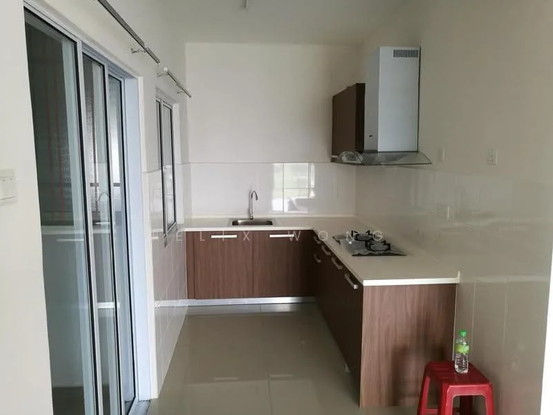 Kitchen features: single-bowl stainless-steel sink, chrome pull-down faucet, laminate countertop, white tiled backsplash, brown flat-panel cabinets, built-in oven, freestanding gas hob, refrigerator, sliding glass door, floor-to-ceiling windows, ceramic tile flooring, recessed downlights; style: modern.