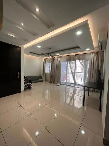 Living features: white painted walls, polished ceramic tile flooring, tray ceiling with recessed lighting, 5-blade ceiling fan with light, floor-to-ceiling windows, sliding glass door, sheer curtains, dark wood door, black desk, sofa, air conditioning unit; style: modern.