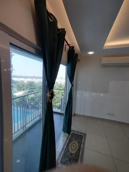 Room features: floor-to-ceiling windows, sliding glass door, green curtains, tile flooring, wall-mounted split AC, recessed ceiling lights, balcony view, decorative area rug; style: modern; view: garden.