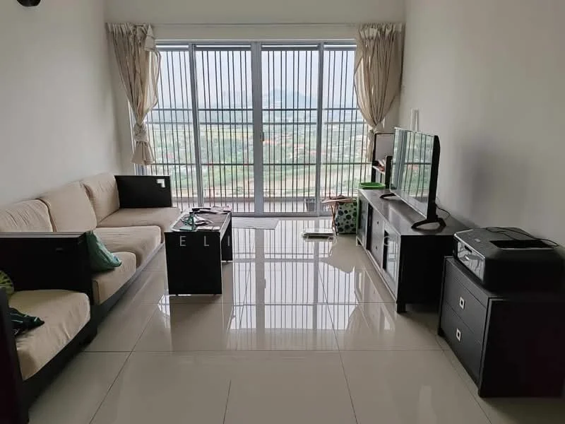 Living features: 3-seater fabric sofa in beige, 2 black side tables, TV console in dark wood, wall-mounted flat-screen TV, large windows with vertical blinds, ceramic tile flooring, decorative curtains, printer on console, view of mountains, area rug, decorative cushions; style: modern; view: mountain.