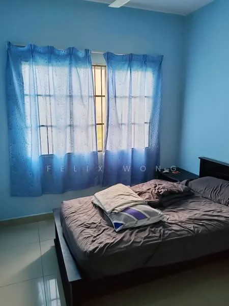 Bedroom features: blue painted walls, window with sheer blue curtains, queen-size bed with grey bedding, wooden bed frame, tile flooring, ceiling fan, nightstand, decorative pillows.