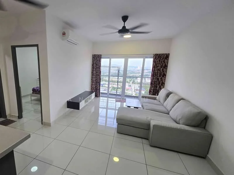 Living features: 3-seater fabric sofa in light grey, coffee table, floor-to-ceiling windows, curtains with floral pattern, white painted walls, polished ceramic tile flooring, 5-blade ceiling fan with light, wall-mounted TV console, city view; style: modern; view: city. Room features: white painted walls, polished ceramic tile flooring.