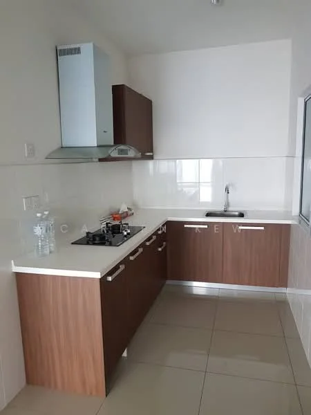 Kitchen features: brown wooden cabinetry, white countertop, stainless-steel sink, chrome pull-down faucet, built-in gas stove, stainless-steel range hood, white tiled backsplash, ceramic tile flooring, wall-mounted cabinets, water bottle on countertop; style: modern.