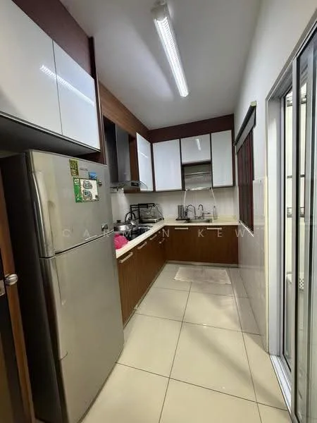 Kitchen features: stainless-steel fridge, white upper cabinets, brown lower cabinets, laminate countertop, single-bowl stainless-steel sink, chrome pull-down faucet, ceramic tile flooring, recessed LED downlights, window with sliding glass door, kitchen appliances visible; style: modern.
