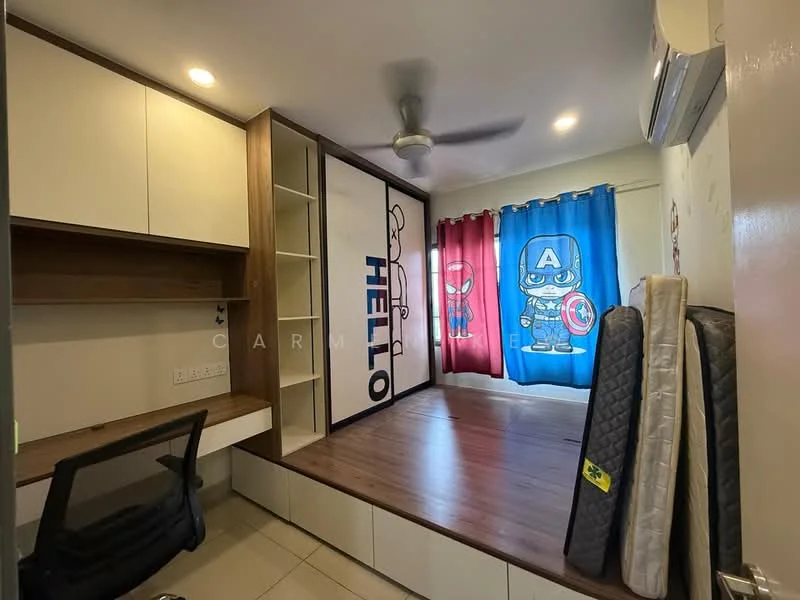 Room features: light wood flooring, white painted walls, built-in cabinetry with desk, ceiling fan, air conditioning unit, curtains with superhero design, decorative wall with 'HELLO' text, mattresses stacked against the wall; style: modern.