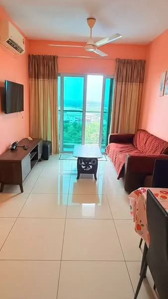 Living features: orange painted walls, white tiled flooring, 5-blade ceiling fan, wall-mounted TV, wooden TV console, red fabric sofa, coffee table, dining table with chairs, floor-to-ceiling sliding glass door, curtains, view of the outside, decorative wall art; style: modern; view: city.