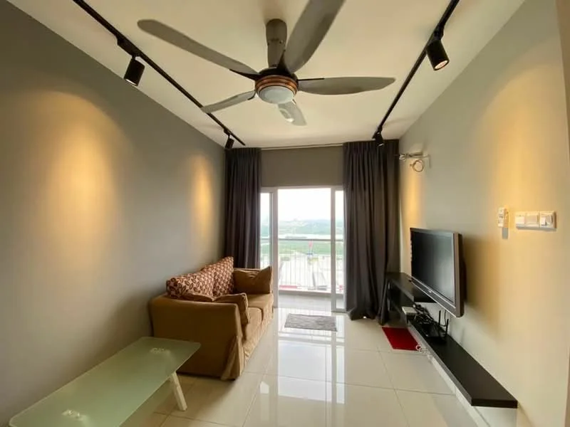 Living features: 3-seater fabric sofa in beige, ceiling fan with 5 blades, wall-mounted TV, black TV console, glass coffee table, sliding glass door, floor-to-ceiling windows, grey painted walls, white tiled flooring, curtains in dark grey; style: modern; view: garden.
