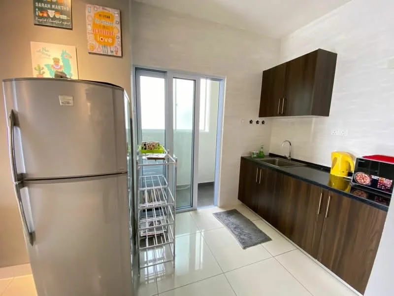 Kitchen features: stainless-steel fridge, black countertop, brown wooden cabinets, microwave, yellow kettle, white tiled walls, white tiled flooring, sliding glass door, kitchen cart, grey mat; style: modern.