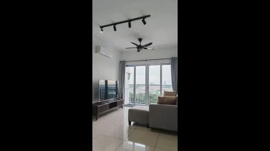 Living features: 5-blade ceiling fan with light, recessed LED downlights, floor-to-ceiling sliding glass door, grey fabric sofa, coffee table, TV console, wall-mounted TV, cream painted walls, glossy tile flooring, curtains, decorative wall art; style: modern; view: city.