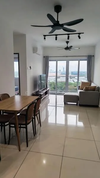 Living features: large floor-to-ceiling windows, sliding glass door, grey fabric sofa, wooden dining table for 4, 4 dining chairs, TV console, wall-mounted TV, 2 ceiling fans, recessed LED downlights, white painted walls, glossy tile flooring, curtains, decorative throw pillows; style: modern; view: city.