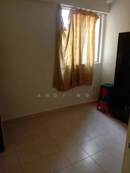Room features: tiled flooring, single window with sheer curtains, light-colored walls, built-in wardrobe, small chair, natural light from window.