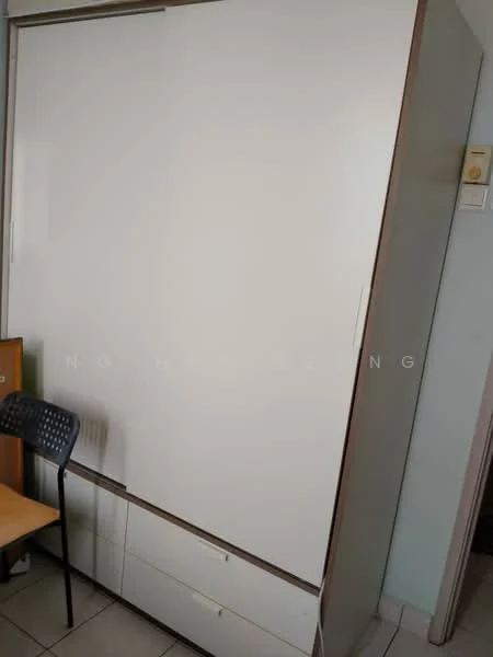 Room features: white built-in wardrobe, drawer storage, neutral wall colour, tile flooring, wooden chair, desk, minimalist design; style: modern.