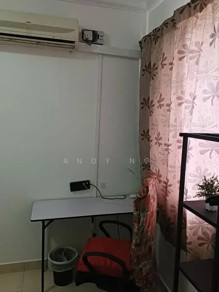 Study features: white painted walls, tile flooring, 1 wall-mounted split AC, desk with white surface, black chair, curtains with floral pattern, small plant on shelf, wastebasket; style: minimalist.