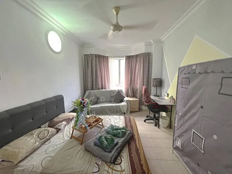 Bedroom features: queen-size bed with grey upholstered headboard, decorative bedding with patterns, 2 bedside tables, table lamp on bedside table, ceiling fan, floor-to-ceiling window with sheer curtains, study desk with chair, wall-mounted mirror, decorative plants, light-colored tiled flooring, white painted walls with crown moulding, corner with partitioned area; style: modern; view: city.