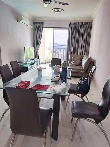 Dining features: glass dining table, 6 dining chairs, wall-mounted TV, sofa in beige, floor-to-ceiling windows, curtains, air conditioning unit, tile flooring, light ceiling fan; style: modern.