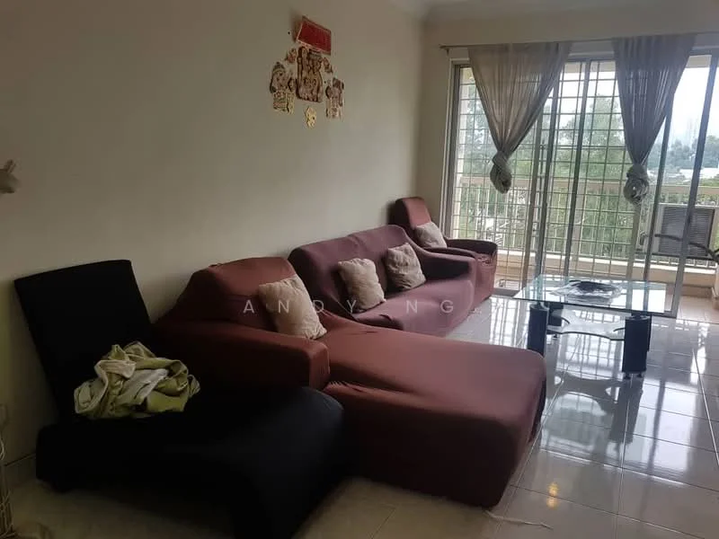 Living features: 3-seater fabric sofa in brown, chaise lounge in black, glass coffee table, floor-to-ceiling windows, curtains, tile flooring, decorative wall hangings, natural light from windows, view of greenery outside; style: contemporary; view: garden.