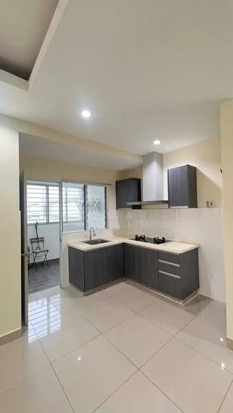 Kitchen features: L-shaped kitchen layout, grey cabinetry, white countertop, double-bowl stainless-steel sink, chrome pull-down faucet, 4-burner gas hob, built-in oven, ceramic tile flooring, recessed downlights, window with grid pattern, sliding glass door, wall-mounted storage, open shelving; style: modern.