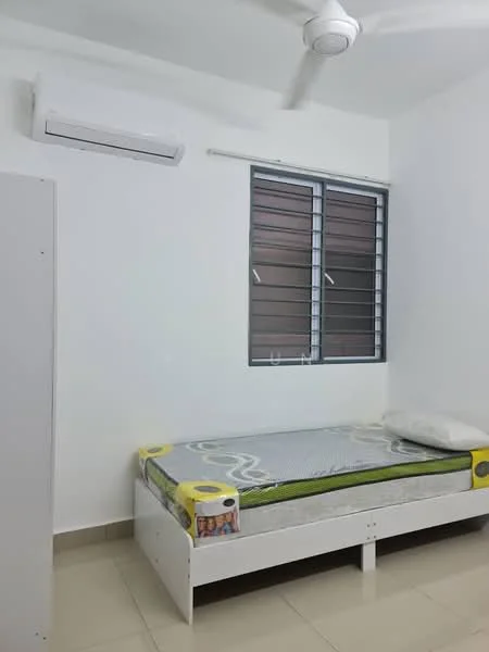 Bedroom features: single bed with mattress, white painted walls, light-colored tiled flooring, 1 wall-mounted split AC, 1 window with horizontal metal grilles, ceiling fan, built-in wardrobe, bedside pillow; style: minimalist.