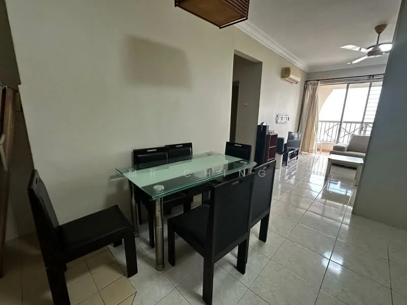 Dining features: glass dining table, 6 black dining chairs, cream tiled flooring, wall-mounted air conditioning unit, ceiling fan, light fixture, open layout to living area, natural light from sliding door; style: modern; view: city. Living features: sofa, coffee table, floor-to-ceiling windows, curtains, light-colored walls; style: modern; view: city.