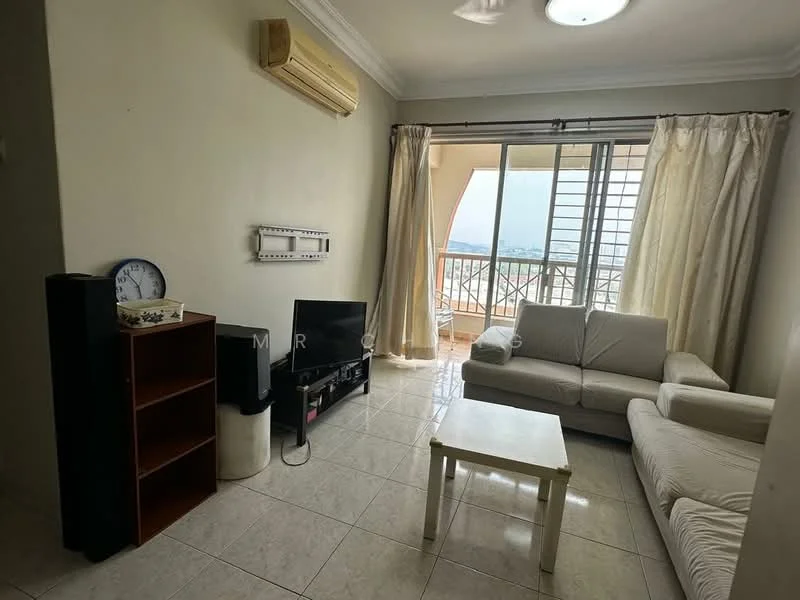 Living features: cream painted walls, white ceiling, tile flooring, 3-seater fabric sofa in white, 2-seater fabric sofa in white, coffee table with white surface, TV console, wall-mounted TV, floor-to-ceiling windows, sheer curtains, air conditioning unit, decorative wall clock, bookshelf; style: modern; view: city.