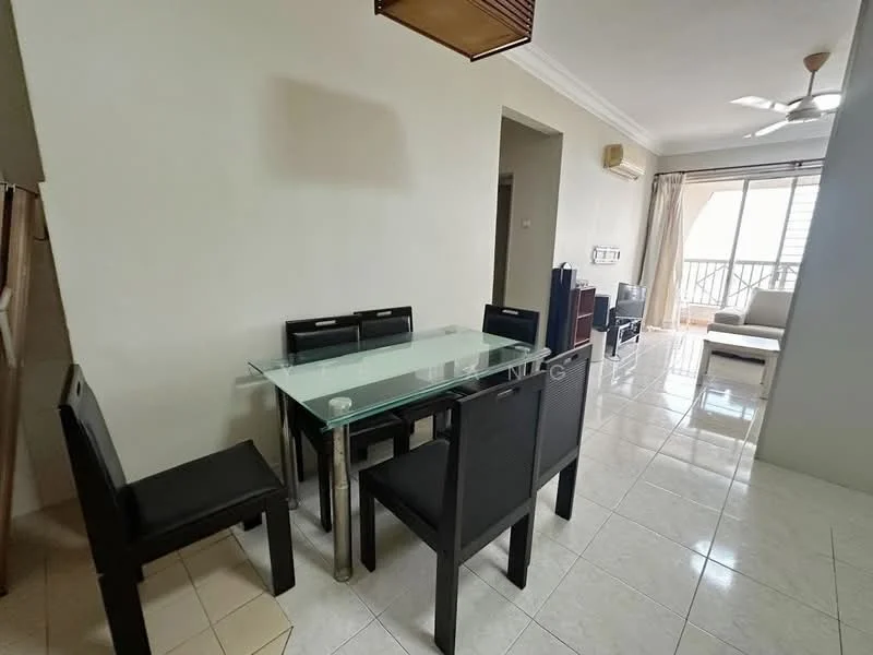 Dining features: glass dining table, 6 black dining chairs, white walls, cream tiled flooring, ceiling fan, wall-mounted air conditioning unit, sliding glass door, curtains, open layout to living area; style: modern. Living features: sofa, coffee table, TV console, wall-mounted TV, natural light from sliding door, cream tiled flooring; style: modern.