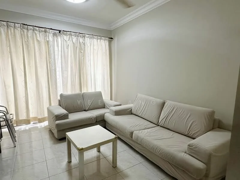 Living features: light-colored fabric sofa, 2-seater sofa, 3-seater sofa, white coffee table, tile flooring, white painted walls, ceiling light fixture, floor-to-ceiling curtains, sheer curtains, neutral color scheme; style: modern.