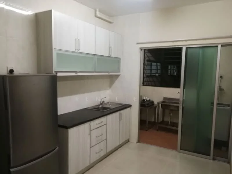 Kitchen features: stainless-steel fridge, single-bowl stainless-steel sink, chrome pull-down faucet, black countertop, light wood cabinetry with glass panels, white tiled walls, ceramic tile flooring, sliding glass door to utility area, utility area with stainless-steel table; style: modern.