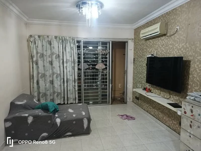 Living features: grey fabric sofa with patterned throw, white wall with decorative wallpaper, cream tiled flooring, ceiling light fixture with crystals, wall-mounted TV, white TV console, sliding glass door, curtains with floral pattern, air conditioning unit on wall, decorative wall paneling; style: contemporary.