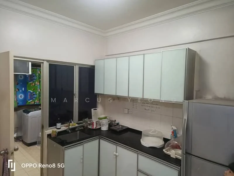 Kitchen features: light grey cabinetry with glass fronts, black granite countertop, stainless-steel fridge, built-in oven, 4-burner gas hob, white tiled backsplash, double-bowl stainless-steel sink, chrome pull-down faucet, wall-mounted cabinets, floor tiles, window with blue curtains, washing machine visible in adjacent room; style: modern.